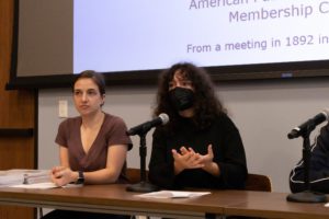 Student curators speaking at the Biopower exhibition talk on September 30.