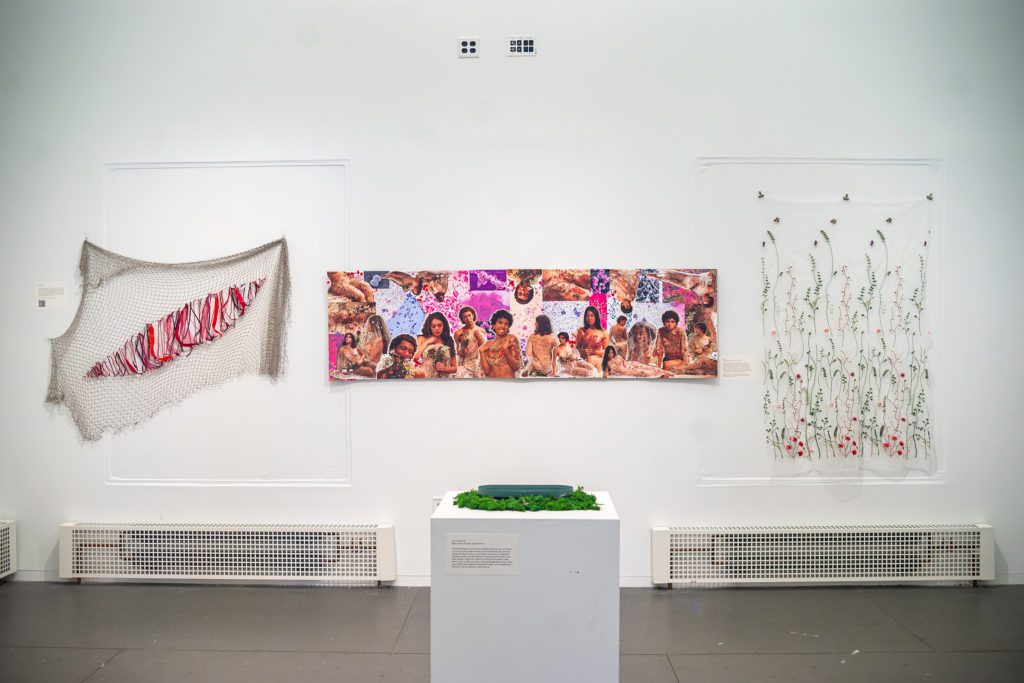 A landscape photo of the gallery space including a skin tapestry, the colorful collage, and the floral fabric. The Pool of Narcissus is on a podium in the middle.