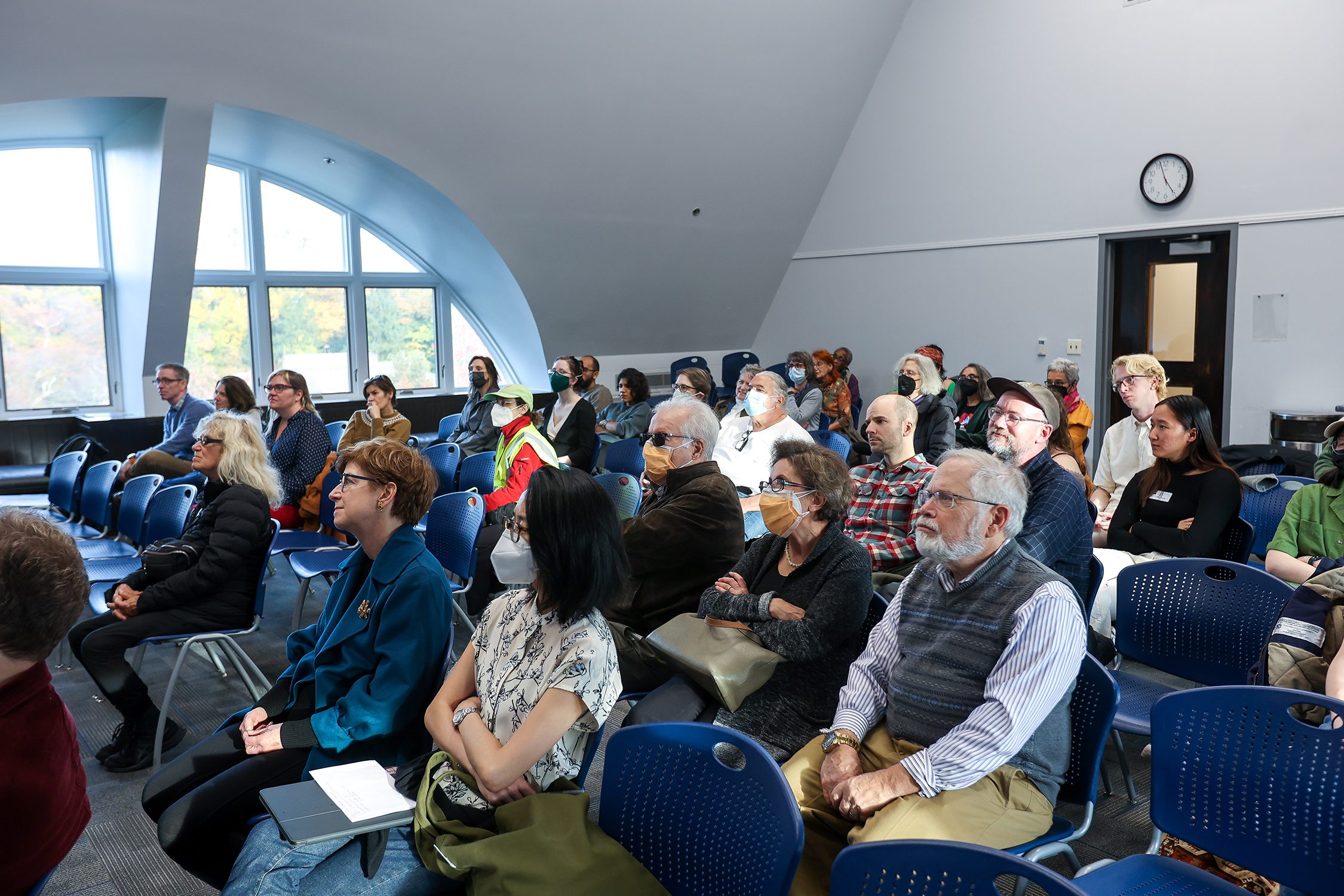 Patrons listen to the conversation between Christopher Green and Alan Michelson at the exhibit's opening event. Photo by Paola Nogueras.