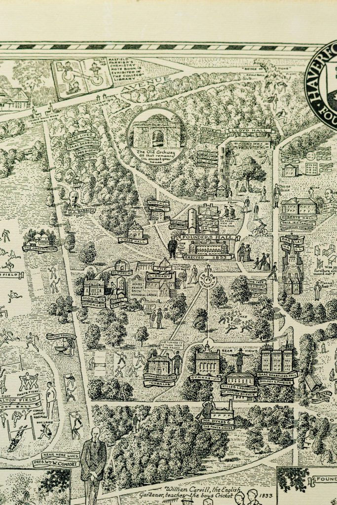 Photo of a map of Haverford's campus from 1933. Photo by Patrick Montero.