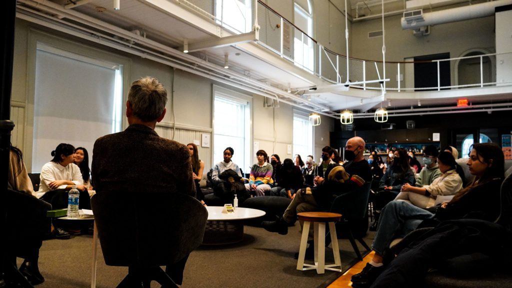 Shuzo Azuchi Gulliver sits in front of a group of attendees in VCAM as part of his visit. Photo by Reesha Gandhi '24.