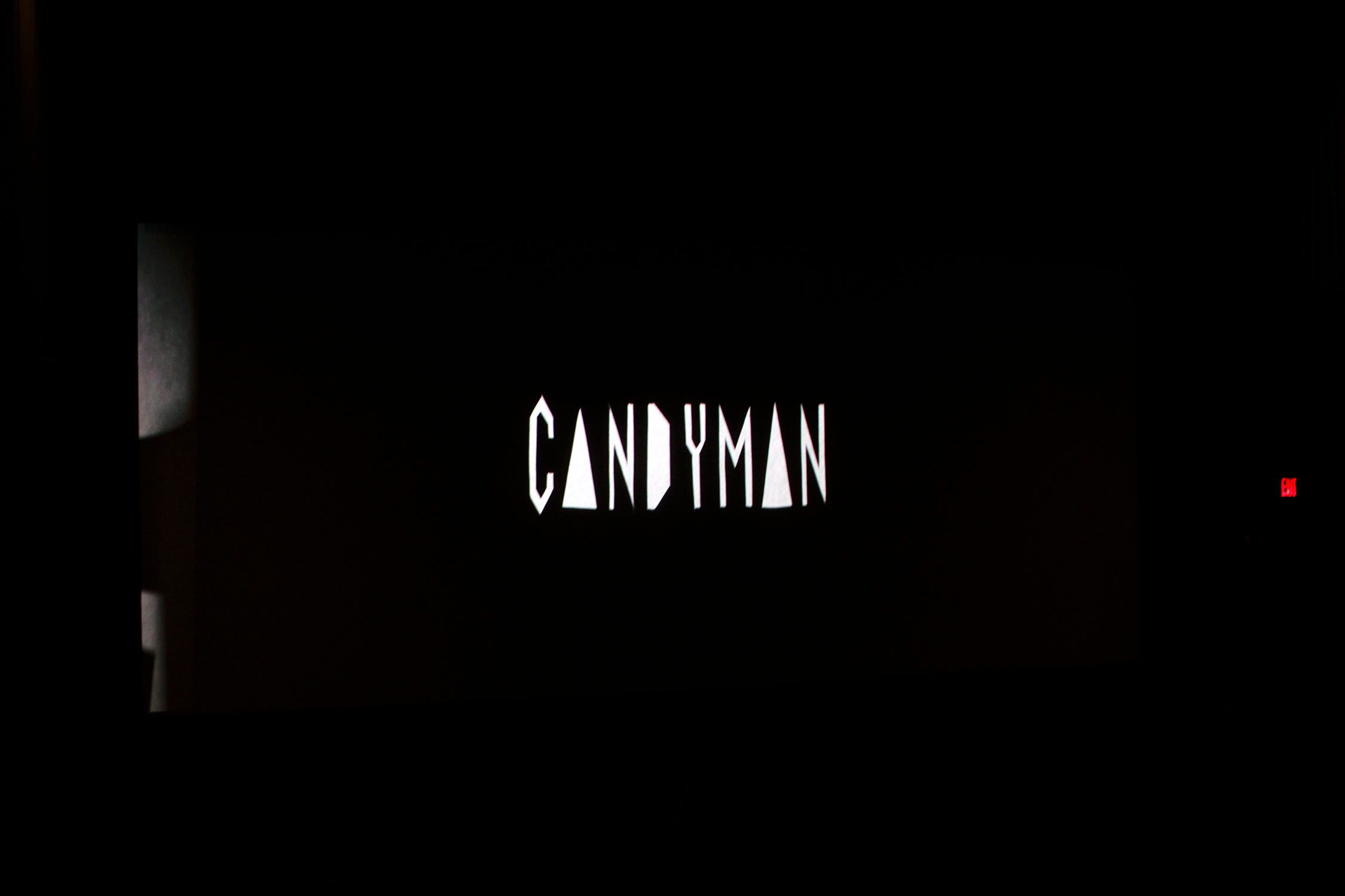 The title card for the film "Candyman;" it's a black screen with the single word, "Candyman," in white.