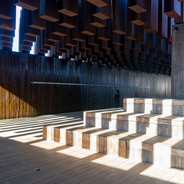 Light and shadow play on the steps and columns at the National Memorial for Peace and Justice.