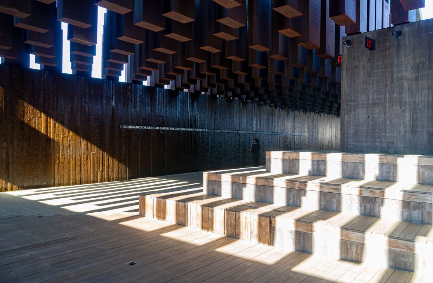 Light and shadow play on the steps and columns at the National Memorial for Peace and Justice.